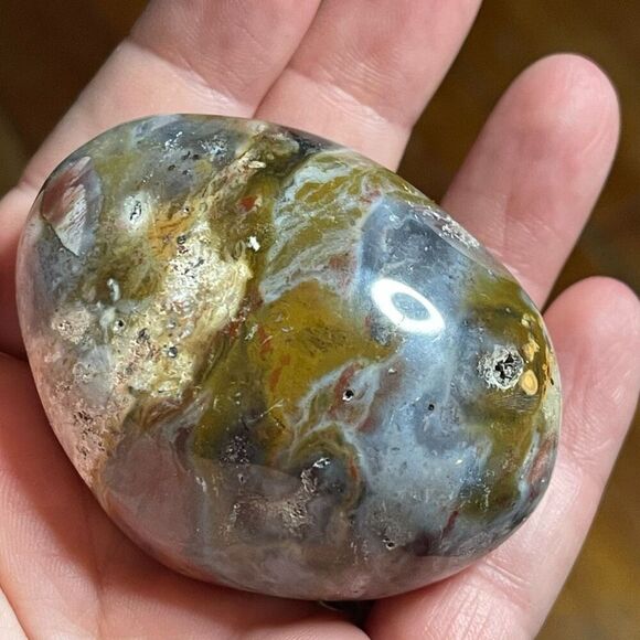 Ocean Jasper palm stone crystal natural druzy orbicular orbs red jelly white yel - Picture 4 of 14